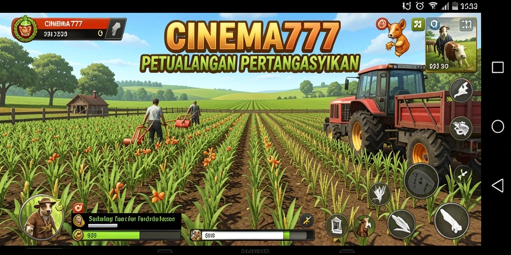 Screenshot utama CINEMA777 menampilkan pemain sedang bercocok tanam di ladang.
