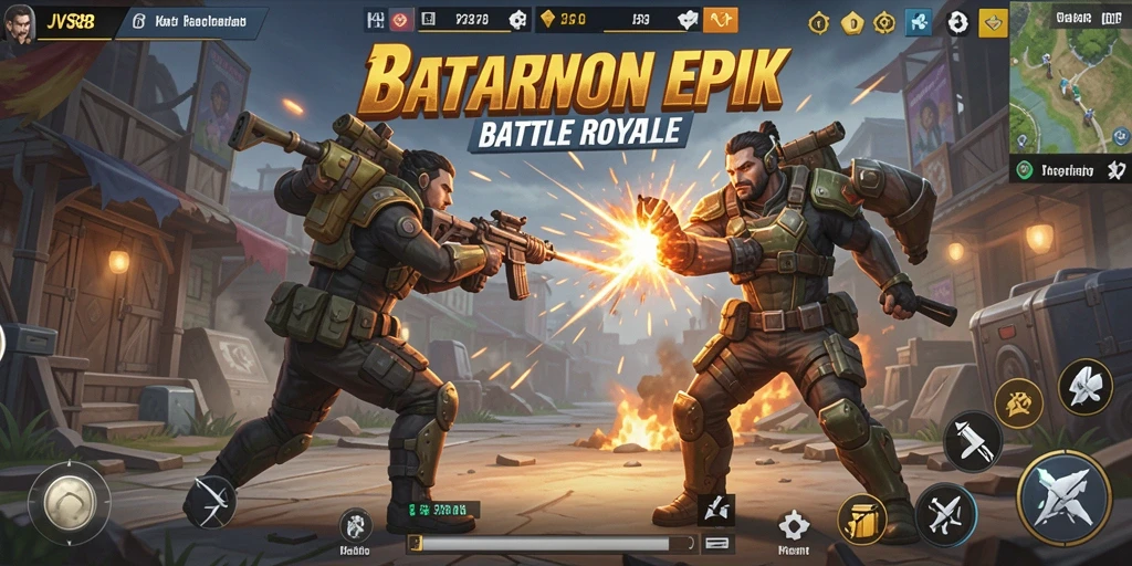 Screenshot utama menampilkan aksi pertarungan Battle Royale yang intens.